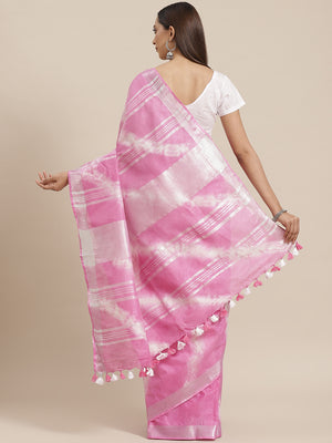 Pink and White, Kalakari India Linen Shibori Woven Saree and Blouse ALBGSA0073-Saree-Kalakari India-ALBGSA0073-Cotton, Geographical Indication, Hand Crafted, Heritage Prints, Linen, Natural Dyes, Red, Sarees, Shibori, Sustainable Fabrics, Woven, Yellow-[Linen,Ethnic,wear,Fashionista,Handloom,Handicraft,Indigo,blockprint,block,print,Cotton,Chanderi,Blue, latest,classy,party,bollywood,trendy,summer,style,traditional,formal,elegant,unique,style,hand,block,print, dabu,booti,gift,present,glamorous,af