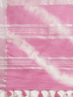 Pink and White, Kalakari India Linen Shibori Woven Saree and Blouse ALBGSA0073-Saree-Kalakari India-ALBGSA0073-Cotton, Geographical Indication, Hand Crafted, Heritage Prints, Linen, Natural Dyes, Red, Sarees, Shibori, Sustainable Fabrics, Woven, Yellow-[Linen,Ethnic,wear,Fashionista,Handloom,Handicraft,Indigo,blockprint,block,print,Cotton,Chanderi,Blue, latest,classy,party,bollywood,trendy,summer,style,traditional,formal,elegant,unique,style,hand,block,print, dabu,booti,gift,present,glamorous,af