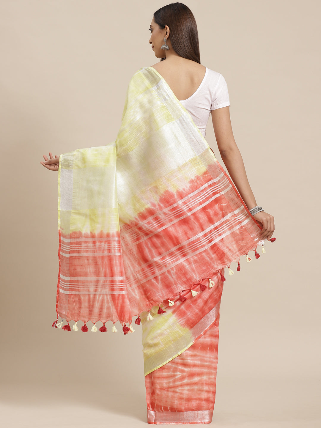 Yellow and Red, Kalakari India Linen Shibori Woven Saree and Blouse ALBGSA0074-Saree-Kalakari India-ALBGSA0074-Cotton, Geographical Indication, Hand Crafted, Heritage Prints, Linen, Natural Dyes, Red, Sarees, Shibori, Sustainable Fabrics, Woven, Yellow-[Linen,Ethnic,wear,Fashionista,Handloom,Handicraft,Indigo,blockprint,block,print,Cotton,Chanderi,Blue, latest,classy,party,bollywood,trendy,summer,style,traditional,formal,elegant,unique,style,hand,block,print, dabu,booti,gift,present,glamorous,af