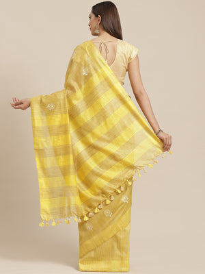 Yellow and Brown, Kalakari India Linen Woven Saree and Blouse ALBGSA0075-Saree-Kalakari India-ALBGSA0075-Cotton, Geographical Indication, Hand Crafted, Heritage Prints, Linen, Natural Dyes, Red, Sarees, Shibori, Sustainable Fabrics, Woven, Yellow-[Linen,Ethnic,wear,Fashionista,Handloom,Handicraft,Indigo,blockprint,block,print,Cotton,Chanderi,Blue, latest,classy,party,bollywood,trendy,summer,style,traditional,formal,elegant,unique,style,hand,block,print, dabu,booti,gift,present,glamorous,affordab