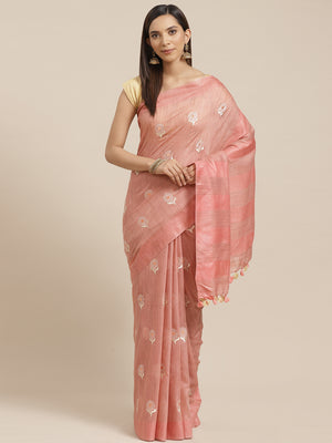 Peach and Tan, Kalakari India Linen Woven Saree and Blouse ALBGSA0076-Saree-Kalakari India-ALBGSA0076-Cotton, Geographical Indication, Hand Crafted, Heritage Prints, Linen, Natural Dyes, Red, Sarees, Shibori, Sustainable Fabrics, Woven, Yellow-[Linen,Ethnic,wear,Fashionista,Handloom,Handicraft,Indigo,blockprint,block,print,Cotton,Chanderi,Blue, latest,classy,party,bollywood,trendy,summer,style,traditional,formal,elegant,unique,style,hand,block,print, dabu,booti,gift,present,glamorous,affordable,