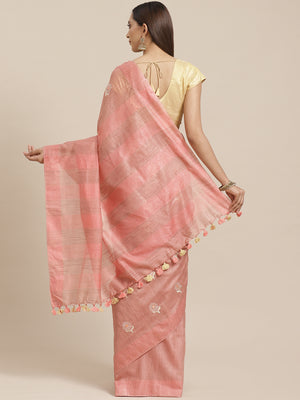 Peach and Tan, Kalakari India Linen Woven Saree and Blouse ALBGSA0076-Saree-Kalakari India-ALBGSA0076-Cotton, Geographical Indication, Hand Crafted, Heritage Prints, Linen, Natural Dyes, Red, Sarees, Shibori, Sustainable Fabrics, Woven, Yellow-[Linen,Ethnic,wear,Fashionista,Handloom,Handicraft,Indigo,blockprint,block,print,Cotton,Chanderi,Blue, latest,classy,party,bollywood,trendy,summer,style,traditional,formal,elegant,unique,style,hand,block,print, dabu,booti,gift,present,glamorous,affordable,