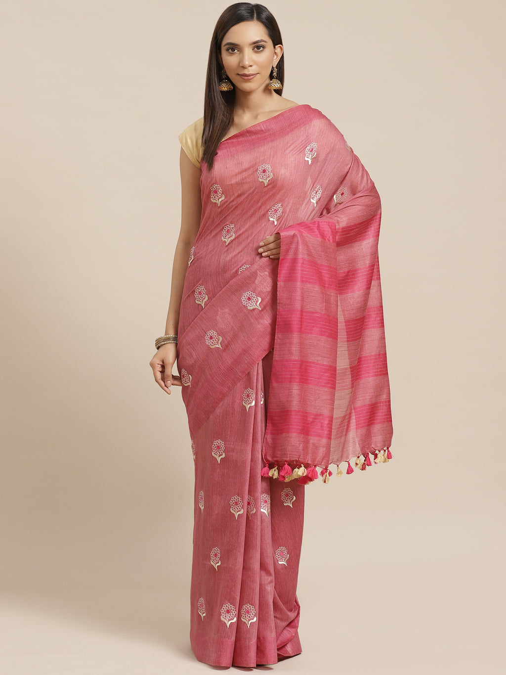 Magenta and Pink, Kalakari India Linen Woven Saree and Blouse ALBGSA0077-Saree-Kalakari India-ALBGSA0077-Cotton, Geographical Indication, Hand Crafted, Heritage Prints, Linen, Natural Dyes, Red, Sarees, Shibori, Sustainable Fabrics, Woven, Yellow-[Linen,Ethnic,wear,Fashionista,Handloom,Handicraft,Indigo,blockprint,block,print,Cotton,Chanderi,Blue, latest,classy,party,bollywood,trendy,summer,style,traditional,formal,elegant,unique,style,hand,block,print, dabu,booti,gift,present,glamorous,affordab