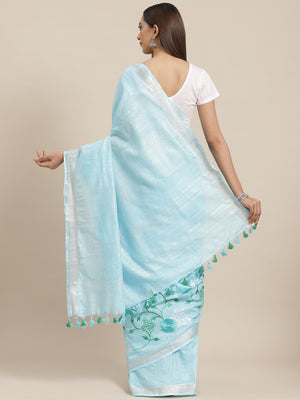 Blue and Silver, Kalakari India Linen Woven Saree and Blouse ALBGSA0078-Saree-Kalakari India-ALBGSA0078-Cotton, Geographical Indication, Hand Crafted, Heritage Prints, Linen, Natural Dyes, Red, Sarees, Shibori, Sustainable Fabrics, Woven, Yellow-[Linen,Ethnic,wear,Fashionista,Handloom,Handicraft,Indigo,blockprint,block,print,Cotton,Chanderi,Blue, latest,classy,party,bollywood,trendy,summer,style,traditional,formal,elegant,unique,style,hand,block,print, dabu,booti,gift,present,glamorous,affordabl
