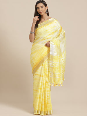Yellow and White, Kalakari India Linen Woven Saree and Blouse ALBGSA0079-Saree-Kalakari India-ALBGSA0079-Cotton, Geographical Indication, Hand Crafted, Heritage Prints, Linen, Natural Dyes, Red, Sarees, Shibori, Sustainable Fabrics, Woven, Yellow-[Linen,Ethnic,wear,Fashionista,Handloom,Handicraft,Indigo,blockprint,block,print,Cotton,Chanderi,Blue, latest,classy,party,bollywood,trendy,summer,style,traditional,formal,elegant,unique,style,hand,block,print, dabu,booti,gift,present,glamorous,affordab
