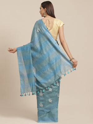 Blue and Teal, Kalakari India Linen Woven Saree and Blouse ALBGSA0080-Saree-Kalakari India-ALBGSA0080-Cotton, Geographical Indication, Hand Crafted, Heritage Prints, Linen, Natural Dyes, Red, Sarees, Shibori, Sustainable Fabrics, Woven, Yellow-[Linen,Ethnic,wear,Fashionista,Handloom,Handicraft,Indigo,blockprint,block,print,Cotton,Chanderi,Blue, latest,classy,party,bollywood,trendy,summer,style,traditional,formal,elegant,unique,style,hand,block,print, dabu,booti,gift,present,glamorous,affordable,