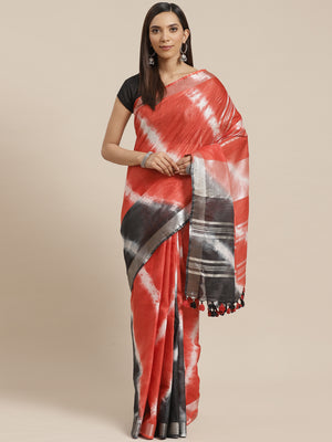 Red and Black, Kalakari India Linen Shibori Woven Saree and Blouse ALBGSA0081-Saree-Kalakari India-ALBGSA0081-Cotton, Geographical Indication, Hand Crafted, Heritage Prints, Linen, Natural Dyes, Red, Sarees, Shibori, Sustainable Fabrics, Woven, Yellow-[Linen,Ethnic,wear,Fashionista,Handloom,Handicraft,Indigo,blockprint,block,print,Cotton,Chanderi,Blue, latest,classy,party,bollywood,trendy,summer,style,traditional,formal,elegant,unique,style,hand,block,print, dabu,booti,gift,present,glamorous,aff