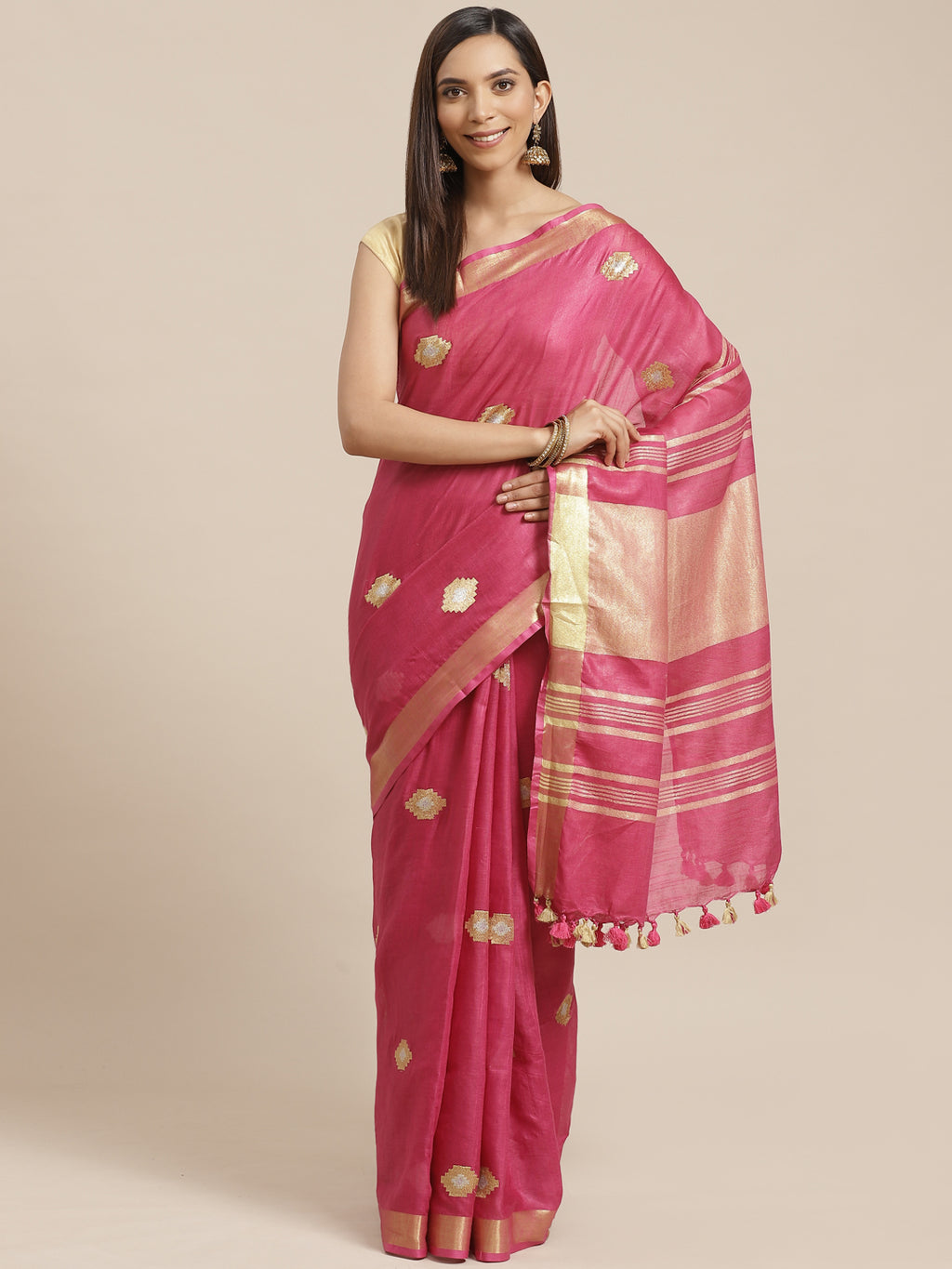 Magenta and Rose Gold, Kalakari India Linen Handwoven Saree and Blouse ALBGSA0083-Saree-Kalakari India-ALBGSA0083-Cotton, Geographical Indication, Hand Crafted, Heritage Prints, Linen, Natural Dyes, Red, Sarees, Shibori, Sustainable Fabrics, Woven, Yellow-[Linen,Ethnic,wear,Fashionista,Handloom,Handicraft,Indigo,blockprint,block,print,Cotton,Chanderi,Blue, latest,classy,party,bollywood,trendy,summer,style,traditional,formal,elegant,unique,style,hand,block,print, dabu,booti,gift,present,glamorous