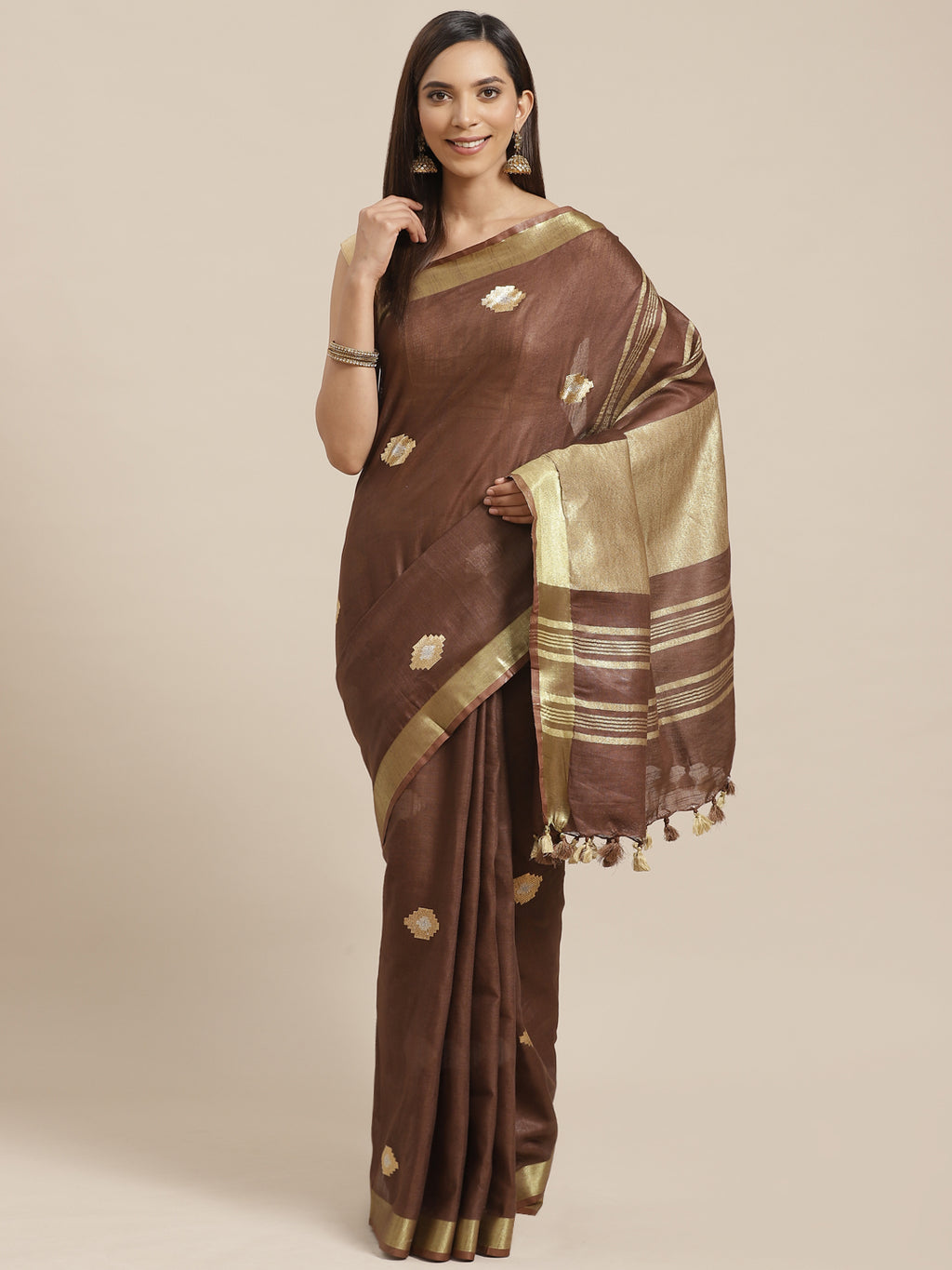 Brown and Tan, Kalakari India Linen Handwoven Saree and Blouse ALBGSA0084-Saree-Kalakari India-ALBGSA0084-Cotton, Geographical Indication, Hand Crafted, Heritage Prints, Linen, Natural Dyes, Red, Sarees, Shibori, Sustainable Fabrics, Woven, Yellow-[Linen,Ethnic,wear,Fashionista,Handloom,Handicraft,Indigo,blockprint,block,print,Cotton,Chanderi,Blue, latest,classy,party,bollywood,trendy,summer,style,traditional,formal,elegant,unique,style,hand,block,print, dabu,booti,gift,present,glamorous,afforda