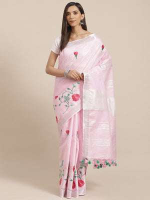 Pink and Green, Kalakari India Linen Handwoven Saree and Blouse ALBGSA0085-Saree-Kalakari India-ALBGSA0085-Cotton, Geographical Indication, Hand Crafted, Heritage Prints, Linen, Natural Dyes, Red, Sarees, Shibori, Sustainable Fabrics, Woven, Yellow-[Linen,Ethnic,wear,Fashionista,Handloom,Handicraft,Indigo,blockprint,block,print,Cotton,Chanderi,Blue, latest,classy,party,bollywood,trendy,summer,style,traditional,formal,elegant,unique,style,hand,block,print, dabu,booti,gift,present,glamorous,afford
