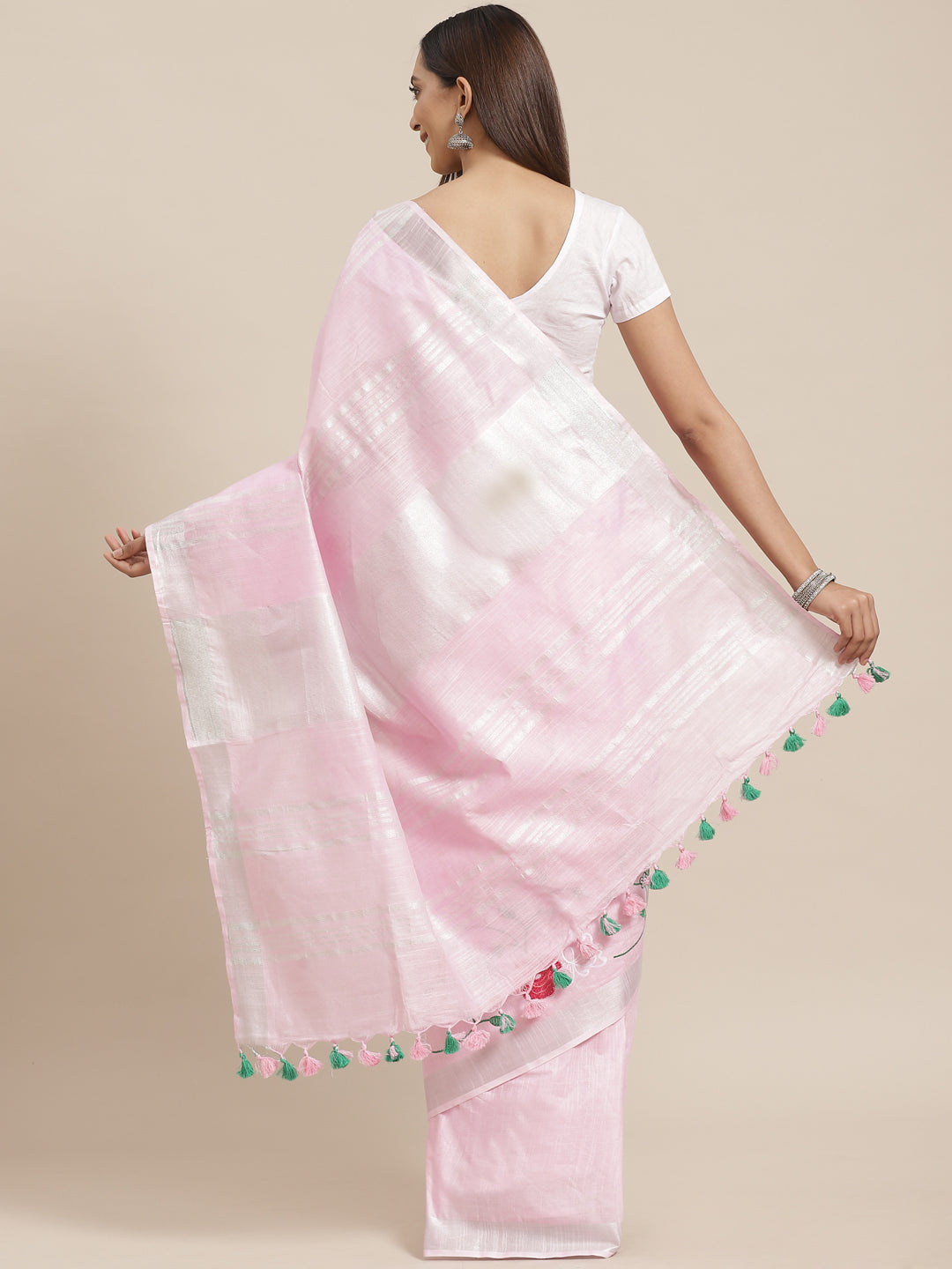 Pink and Green, Kalakari India Linen Handwoven Saree and Blouse ALBGSA0085-Saree-Kalakari India-ALBGSA0085-Cotton, Geographical Indication, Hand Crafted, Heritage Prints, Linen, Natural Dyes, Red, Sarees, Shibori, Sustainable Fabrics, Woven, Yellow-[Linen,Ethnic,wear,Fashionista,Handloom,Handicraft,Indigo,blockprint,block,print,Cotton,Chanderi,Blue, latest,classy,party,bollywood,trendy,summer,style,traditional,formal,elegant,unique,style,hand,block,print, dabu,booti,gift,present,glamorous,afford