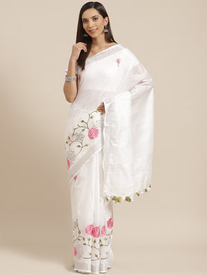 White and Green, Kalakari India Linen Handwoven Saree and Blouse ALBGSA0086-Saree-Kalakari India-ALBGSA0086-Cotton, Geographical Indication, Hand Crafted, Heritage Prints, Linen, Natural Dyes, Red, Sarees, Shibori, Sustainable Fabrics, Woven, Yellow-[Linen,Ethnic,wear,Fashionista,Handloom,Handicraft,Indigo,blockprint,block,print,Cotton,Chanderi,Blue, latest,classy,party,bollywood,trendy,summer,style,traditional,formal,elegant,unique,style,hand,block,print, dabu,booti,gift,present,glamorous,affor