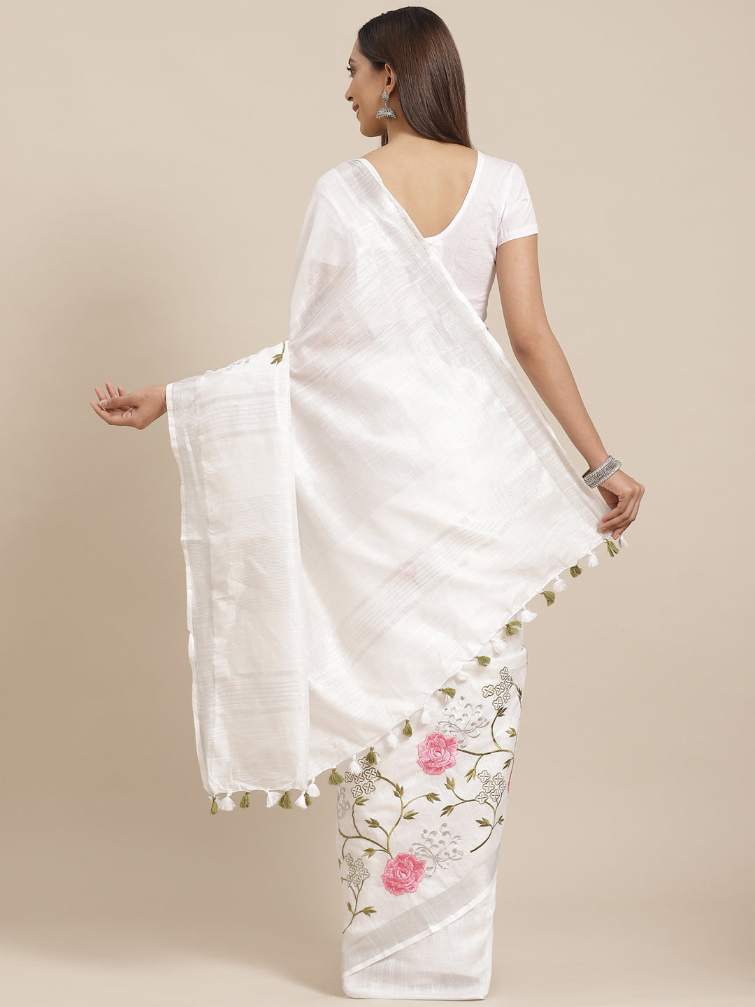 White and Green, Kalakari India Linen Handwoven Saree and Blouse ALBGSA0086-Saree-Kalakari India-ALBGSA0086-Cotton, Geographical Indication, Hand Crafted, Heritage Prints, Linen, Natural Dyes, Red, Sarees, Shibori, Sustainable Fabrics, Woven, Yellow-[Linen,Ethnic,wear,Fashionista,Handloom,Handicraft,Indigo,blockprint,block,print,Cotton,Chanderi,Blue, latest,classy,party,bollywood,trendy,summer,style,traditional,formal,elegant,unique,style,hand,block,print, dabu,booti,gift,present,glamorous,affor