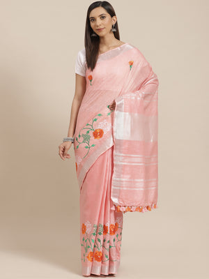 Peach and Orange, Kalakari India Linen Handwoven Saree and Blouse ALBGSA0087-Saree-Kalakari India-ALBGSA0087-Cotton, Geographical Indication, Hand Crafted, Heritage Prints, Linen, Natural Dyes, Red, Sarees, Shibori, Sustainable Fabrics, Woven, Yellow-[Linen,Ethnic,wear,Fashionista,Handloom,Handicraft,Indigo,blockprint,block,print,Cotton,Chanderi,Blue, latest,classy,party,bollywood,trendy,summer,style,traditional,formal,elegant,unique,style,hand,block,print, dabu,booti,gift,present,glamorous,affo
