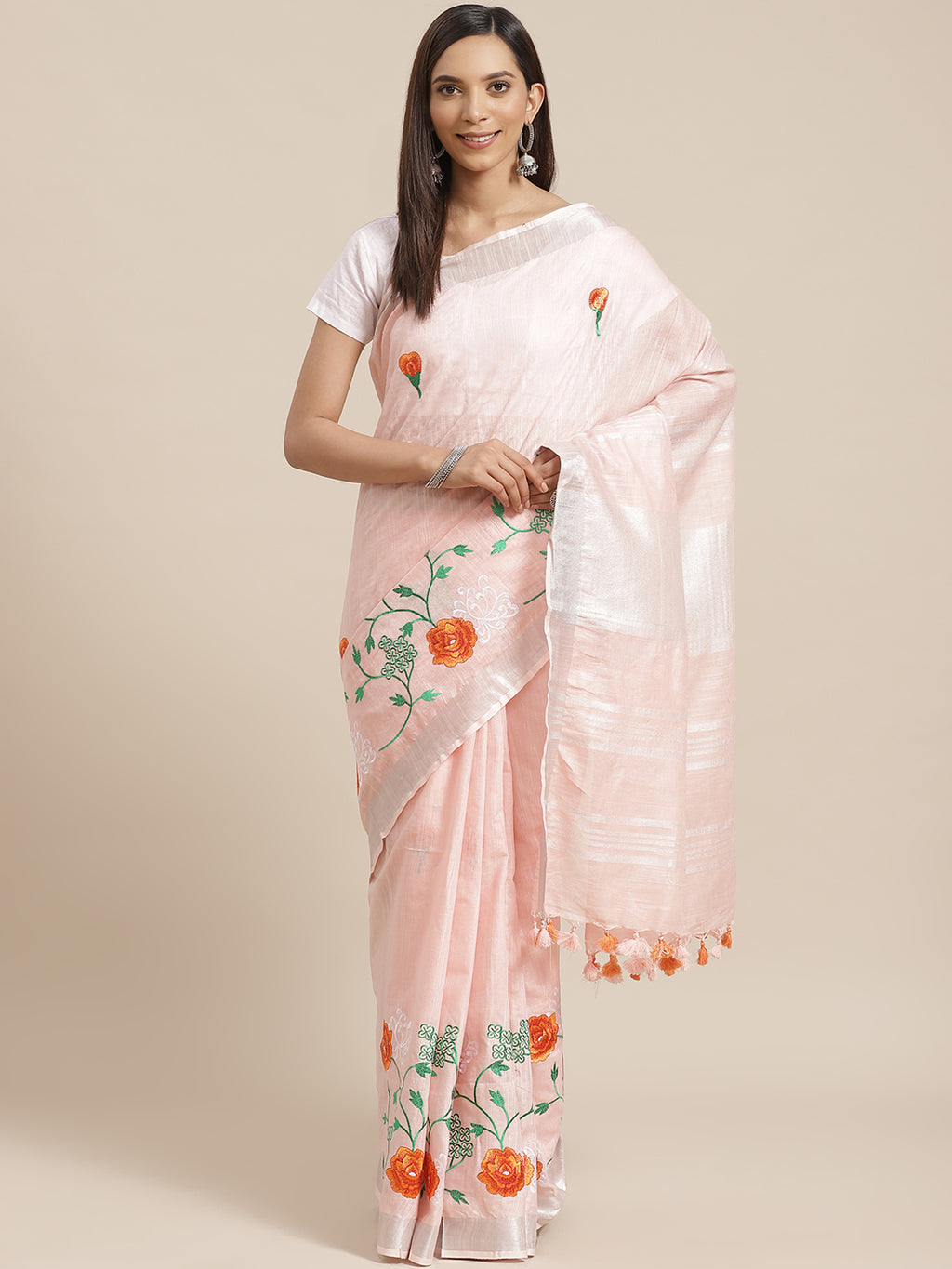 Peach and Orange, Kalakari India Linen Handwoven Saree and Blouse ALBGSA0088-Saree-Kalakari India-ALBGSA0088-Cotton, Geographical Indication, Hand Crafted, Heritage Prints, Linen, Natural Dyes, Red, Sarees, Shibori, Sustainable Fabrics, Woven, Yellow-[Linen,Ethnic,wear,Fashionista,Handloom,Handicraft,Indigo,blockprint,block,print,Cotton,Chanderi,Blue, latest,classy,party,bollywood,trendy,summer,style,traditional,formal,elegant,unique,style,hand,block,print, dabu,booti,gift,present,glamorous,affo