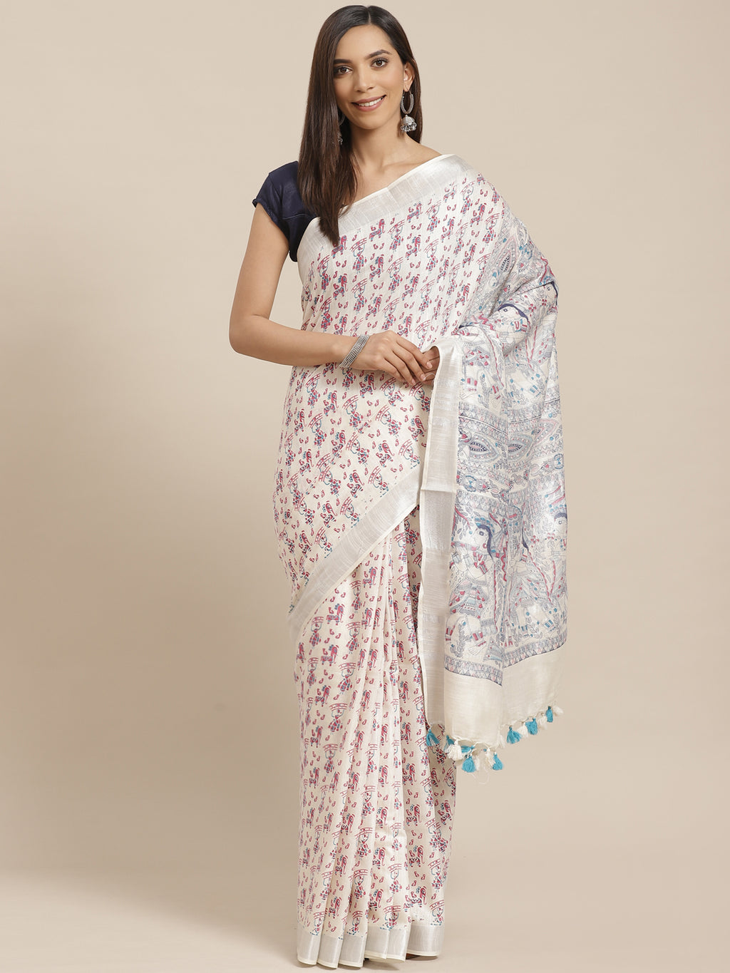 Off White and Black, Kalakari India Linen Handwoven Saree and Blouse ALBGSA0089-Saree-Kalakari India-ALBGSA0089-Cotton, Geographical Indication, Hand Crafted, Heritage Prints, Linen, Natural Dyes, Red, Sarees, Shibori, Sustainable Fabrics, Woven, Yellow-[Linen,Ethnic,wear,Fashionista,Handloom,Handicraft,Indigo,blockprint,block,print,Cotton,Chanderi,Blue, latest,classy,party,bollywood,trendy,summer,style,traditional,formal,elegant,unique,style,hand,block,print, dabu,booti,gift,present,glamorous,a