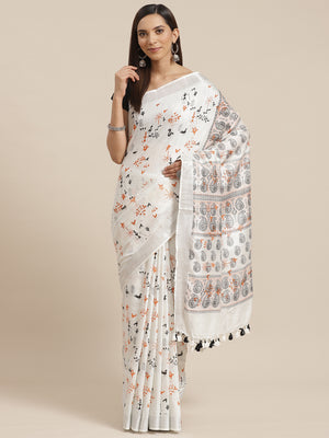 White and Black, Kalakari India Linen Handwoven Saree and Blouse ALBGSA0090-Saree-Kalakari India-ALBGSA0090-Cotton, Geographical Indication, Hand Crafted, Heritage Prints, Linen, Natural Dyes, Red, Sarees, Shibori, Sustainable Fabrics, Woven, Yellow-[Linen,Ethnic,wear,Fashionista,Handloom,Handicraft,Indigo,blockprint,block,print,Cotton,Chanderi,Blue, latest,classy,party,bollywood,trendy,summer,style,traditional,formal,elegant,unique,style,hand,block,print, dabu,booti,gift,present,glamorous,affor