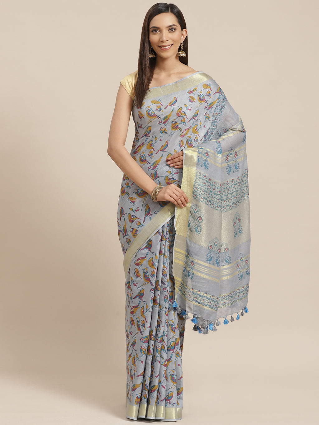 Grey and Blue, Kalakari India Linen Handwoven Saree and Blouse ALBGSA0091-Saree-Kalakari India-ALBGSA0091-Cotton, Geographical Indication, Hand Crafted, Heritage Prints, Linen, Natural Dyes, Red, Sarees, Shibori, Sustainable Fabrics, Woven, Yellow-[Linen,Ethnic,wear,Fashionista,Handloom,Handicraft,Indigo,blockprint,block,print,Cotton,Chanderi,Blue, latest,classy,party,bollywood,trendy,summer,style,traditional,formal,elegant,unique,style,hand,block,print, dabu,booti,gift,present,glamorous,afforda