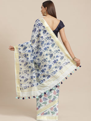 Blue and Blue, Kalakari India Linen Handwoven Saree and Blouse ALBGSA0092-Saree-Kalakari India-ALBGSA0092-Cotton, Geographical Indication, Hand Crafted, Heritage Prints, Linen, Natural Dyes, Red, Sarees, Shibori, Sustainable Fabrics, Woven, Yellow-[Linen,Ethnic,wear,Fashionista,Handloom,Handicraft,Indigo,blockprint,block,print,Cotton,Chanderi,Blue, latest,classy,party,bollywood,trendy,summer,style,traditional,formal,elegant,unique,style,hand,block,print, dabu,booti,gift,present,glamorous,afforda