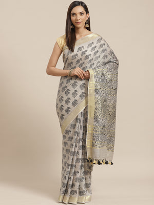 Grey and Black, Kalakari India Linen Handwoven Saree and Blouse ALBGSA0093-Saree-Kalakari India-ALBGSA0093-Cotton, Geographical Indication, Hand Crafted, Heritage Prints, Linen, Natural Dyes, Red, Sarees, Shibori, Sustainable Fabrics, Woven, Yellow-[Linen,Ethnic,wear,Fashionista,Handloom,Handicraft,Indigo,blockprint,block,print,Cotton,Chanderi,Blue, latest,classy,party,bollywood,trendy,summer,style,traditional,formal,elegant,unique,style,hand,block,print, dabu,booti,gift,present,glamorous,afford