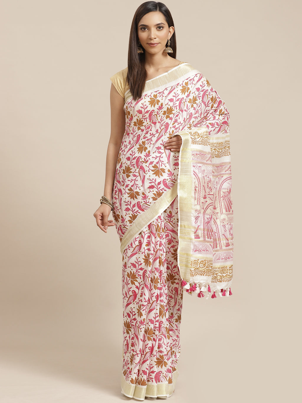 White and Pink, Kalakari India Linen Handwoven Saree and Blouse ALBGSA0095-Saree-Kalakari India-ALBGSA0095-Cotton, Geographical Indication, Hand Crafted, Heritage Prints, Linen, Natural Dyes, Red, Sarees, Shibori, Sustainable Fabrics, Woven, Yellow-[Linen,Ethnic,wear,Fashionista,Handloom,Handicraft,Indigo,blockprint,block,print,Cotton,Chanderi,Blue, latest,classy,party,bollywood,trendy,summer,style,traditional,formal,elegant,unique,style,hand,block,print, dabu,booti,gift,present,glamorous,afford