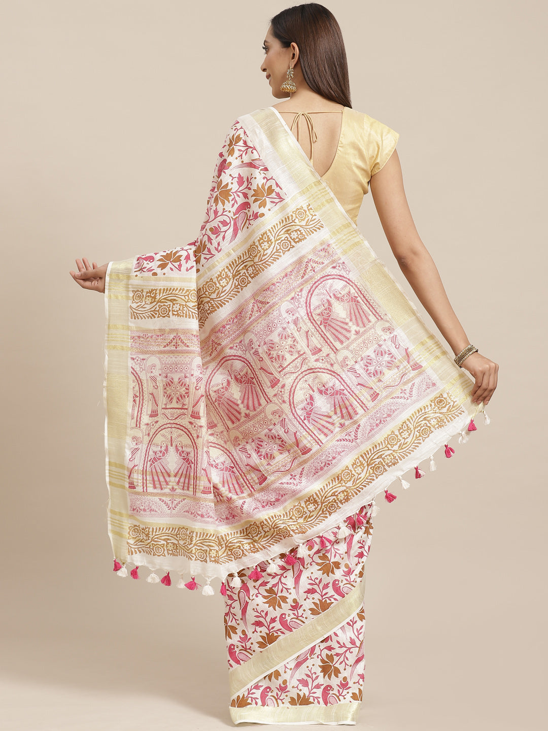 White and Pink, Kalakari India Linen Handwoven Saree and Blouse ALBGSA0095-Saree-Kalakari India-ALBGSA0095-Cotton, Geographical Indication, Hand Crafted, Heritage Prints, Linen, Natural Dyes, Red, Sarees, Shibori, Sustainable Fabrics, Woven, Yellow-[Linen,Ethnic,wear,Fashionista,Handloom,Handicraft,Indigo,blockprint,block,print,Cotton,Chanderi,Blue, latest,classy,party,bollywood,trendy,summer,style,traditional,formal,elegant,unique,style,hand,block,print, dabu,booti,gift,present,glamorous,afford