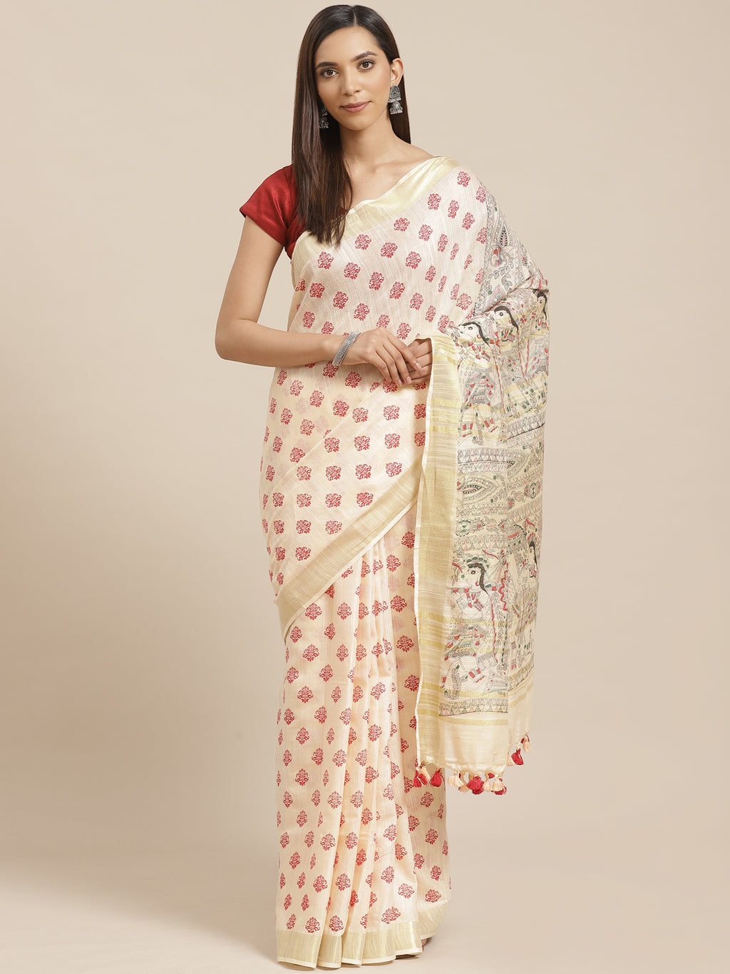 Peach and Red, Kalakari India Linen Handwoven Saree and Blouse ALBGSA0096-Saree-Kalakari India-ALBGSA0096-Cotton, Geographical Indication, Hand Crafted, Heritage Prints, Linen, Natural Dyes, Red, Sarees, Shibori, Sustainable Fabrics, Woven, Yellow-[Linen,Ethnic,wear,Fashionista,Handloom,Handicraft,Indigo,blockprint,block,print,Cotton,Chanderi,Blue, latest,classy,party,bollywood,trendy,summer,style,traditional,formal,elegant,unique,style,hand,block,print, dabu,booti,gift,present,glamorous,afforda