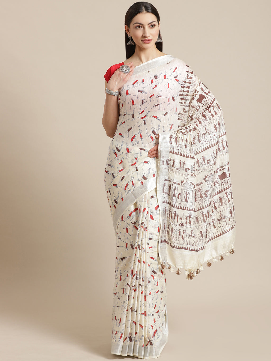 Off White and Brown, Kalakari India Linen Off White Hand crafted saree with blouse ALBGSA0097-Saree-Kalakari India-ALBGSA0097-Cotton, Geographical Indication, Hand Crafted, Heritage Prints, Linen, Natural Dyes, Red, Sarees, Shibori, Sustainable Fabrics, Woven, Yellow-[Linen,Ethnic,wear,Fashionista,Handloom,Handicraft,Indigo,blockprint,block,print,Cotton,Chanderi,Blue, latest,classy,party,bollywood,trendy,summer,style,traditional,formal,elegant,unique,style,hand,block,print, dabu,booti,gift,prese