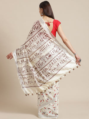 Off White and Brown, Kalakari India Linen Off White Hand crafted saree with blouse ALBGSA0097-Saree-Kalakari India-ALBGSA0097-Cotton, Geographical Indication, Hand Crafted, Heritage Prints, Linen, Natural Dyes, Red, Sarees, Shibori, Sustainable Fabrics, Woven, Yellow-[Linen,Ethnic,wear,Fashionista,Handloom,Handicraft,Indigo,blockprint,block,print,Cotton,Chanderi,Blue, latest,classy,party,bollywood,trendy,summer,style,traditional,formal,elegant,unique,style,hand,block,print, dabu,booti,gift,prese