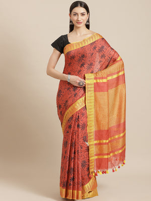 Red and Yellow, Kalakari India Linen Red Hand crafted saree with blouse ALBGSA0098-Saree-Kalakari India-ALBGSA0098-Cotton, Geographical Indication, Hand Crafted, Heritage Prints, Linen, Natural Dyes, Red, Sarees, Shibori, Sustainable Fabrics, Woven, Yellow-[Linen,Ethnic,wear,Fashionista,Handloom,Handicraft,Indigo,blockprint,block,print,Cotton,Chanderi,Blue, latest,classy,party,bollywood,trendy,summer,style,traditional,formal,elegant,unique,style,hand,block,print, dabu,booti,gift,present,glamorou