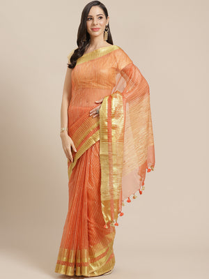 Orange and Cream, Kalakari India Bhagalpuri Jute Silk Woven Design Saree with Blouse ALBGSA0101-Saree-Kalakari India-ALBGSA0101-Bhagalpuri, Geographical Indication, Hand Crafted, Heritage Prints, Jute, Natural Dyes, Red, Sarees, Silk Blend, Sustainable Fabrics, Woven, Yellow-[Linen,Ethnic,wear,Fashionista,Handloom,Handicraft,Indigo,blockprint,block,print,Cotton,Chanderi,Blue, latest,classy,party,bollywood,trendy,summer,style,traditional,formal,elegant,unique,style,hand,block,print, dabu,booti,gi