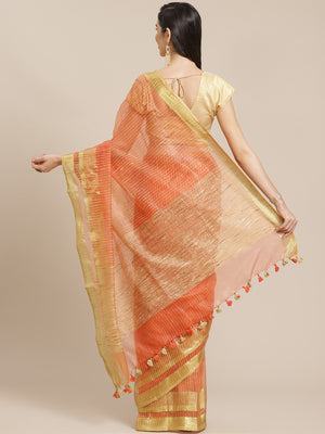 Orange and Cream, Kalakari India Bhagalpuri Jute Silk Woven Design Saree with Blouse ALBGSA0101-Saree-Kalakari India-ALBGSA0101-Bhagalpuri, Geographical Indication, Hand Crafted, Heritage Prints, Jute, Natural Dyes, Red, Sarees, Silk Blend, Sustainable Fabrics, Woven, Yellow-[Linen,Ethnic,wear,Fashionista,Handloom,Handicraft,Indigo,blockprint,block,print,Cotton,Chanderi,Blue, latest,classy,party,bollywood,trendy,summer,style,traditional,formal,elegant,unique,style,hand,block,print, dabu,booti,gi