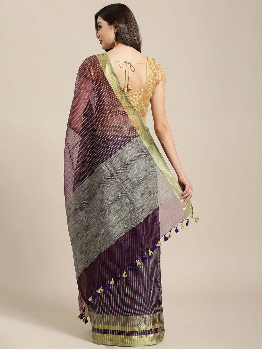 Purple and Green, Kalakari India Bhagalpuri Jute Silk Woven Design Saree with Blouse ALBGSA0102-Saree-Kalakari India-ALBGSA0102-Bhagalpuri, Geographical Indication, Hand Crafted, Heritage Prints, Jute, Natural Dyes, Red, Sarees, Silk Blend, Sustainable Fabrics, Woven, Yellow-[Linen,Ethnic,wear,Fashionista,Handloom,Handicraft,Indigo,blockprint,block,print,Cotton,Chanderi,Blue, latest,classy,party,bollywood,trendy,summer,style,traditional,formal,elegant,unique,style,hand,block,print, dabu,booti,gi