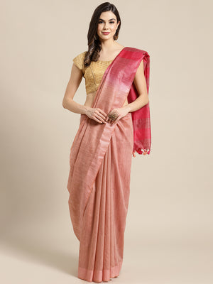 Peach and Pink, Kalakari India Bhagalpuri Silk Blend Woven Design Saree with Blouse ALBGSA0104-Saree-Kalakari India-ALBGSA0104-Bhagalpuri, Geographical Indication, Hand Crafted, Heritage Prints, Jute, Natural Dyes, Red, Sarees, Silk Blend, Sustainable Fabrics, Woven, Yellow-[Linen,Ethnic,wear,Fashionista,Handloom,Handicraft,Indigo,blockprint,block,print,Cotton,Chanderi,Blue, latest,classy,party,bollywood,trendy,summer,style,traditional,formal,elegant,unique,style,hand,block,print, dabu,booti,gif