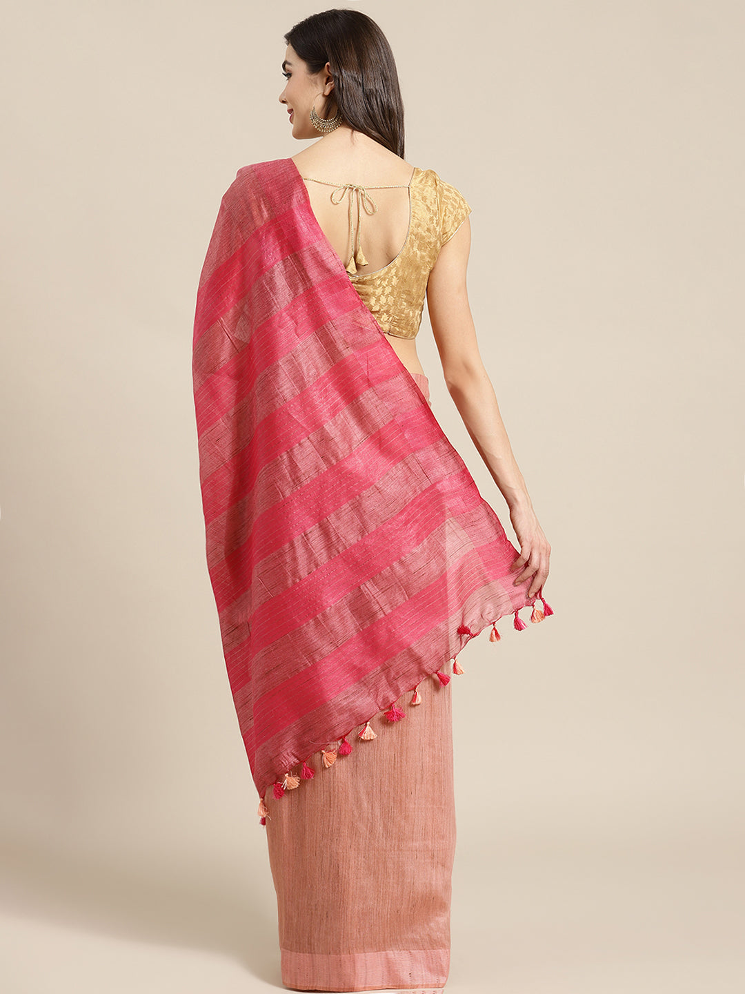 Peach and Pink, Kalakari India Bhagalpuri Silk Blend Woven Design Saree with Blouse ALBGSA0104-Saree-Kalakari India-ALBGSA0104-Bhagalpuri, Geographical Indication, Hand Crafted, Heritage Prints, Jute, Natural Dyes, Red, Sarees, Silk Blend, Sustainable Fabrics, Woven, Yellow-[Linen,Ethnic,wear,Fashionista,Handloom,Handicraft,Indigo,blockprint,block,print,Cotton,Chanderi,Blue, latest,classy,party,bollywood,trendy,summer,style,traditional,formal,elegant,unique,style,hand,block,print, dabu,booti,gif