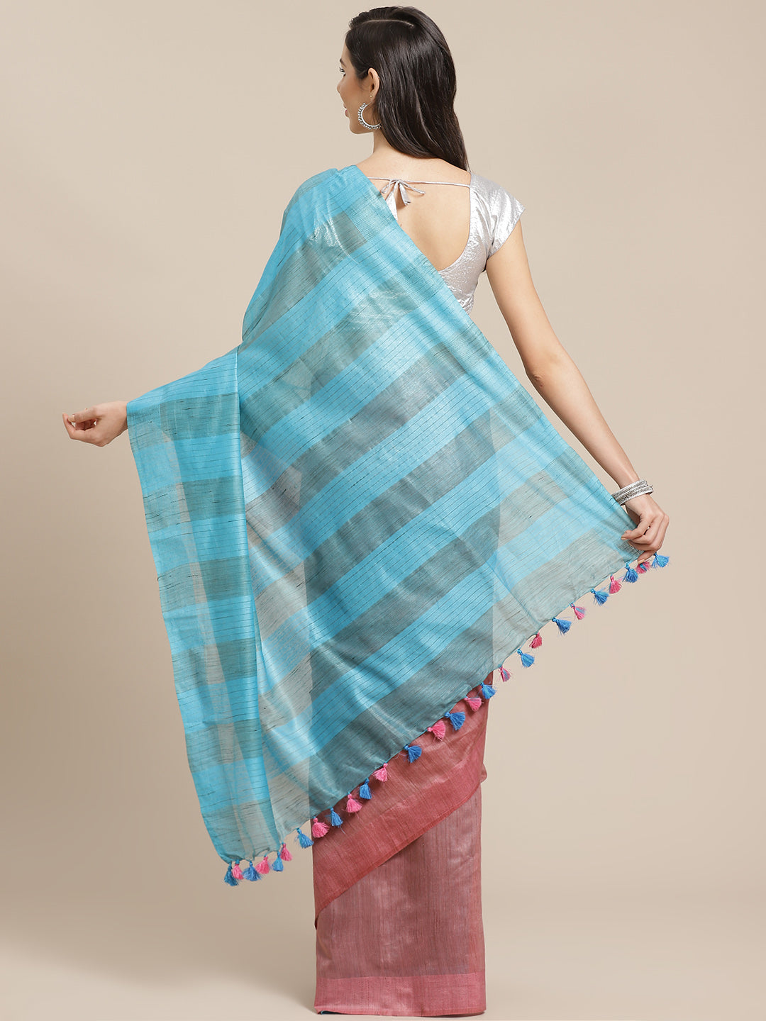 Pink and Blue, Kalakari India Bhagalpuri Silk Blend Woven Design Saree with Blouse ALBGSA0105-Saree-Kalakari India-ALBGSA0105-Bhagalpuri, Geographical Indication, Hand Crafted, Heritage Prints, Jute, Natural Dyes, Red, Sarees, Silk Blend, Sustainable Fabrics, Woven, Yellow-[Linen,Ethnic,wear,Fashionista,Handloom,Handicraft,Indigo,blockprint,block,print,Cotton,Chanderi,Blue, latest,classy,party,bollywood,trendy,summer,style,traditional,formal,elegant,unique,style,hand,block,print, dabu,booti,gift