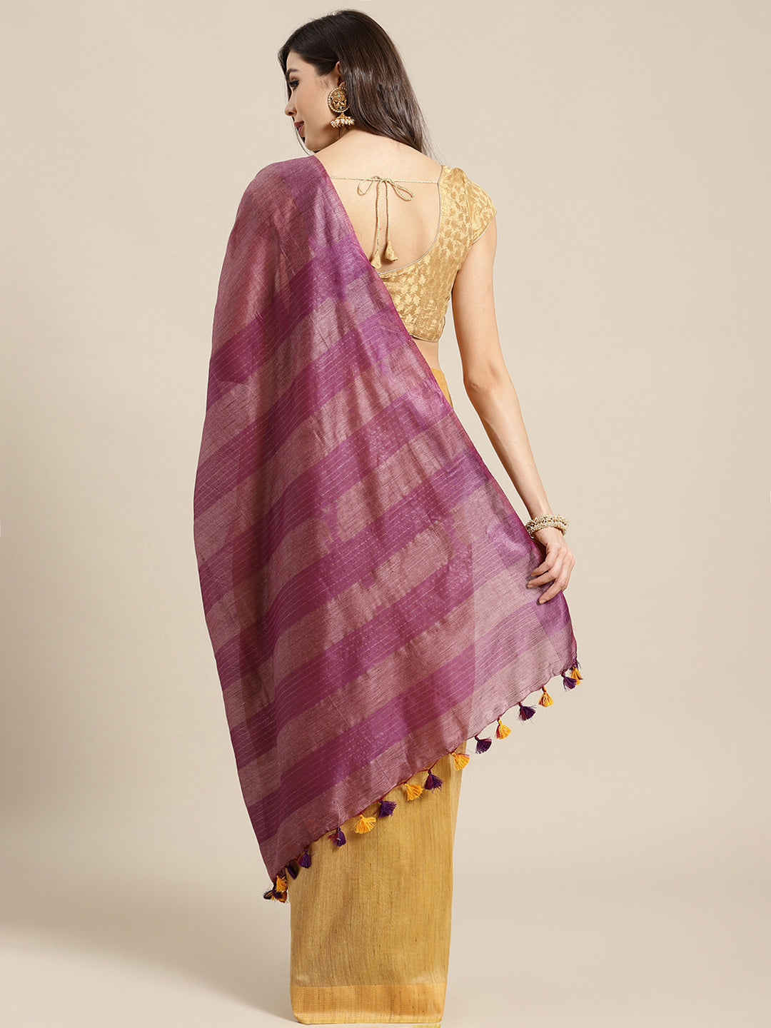 Mustard and Mauve, Kalakari India Bhagalpuri Silk Blend Woven Design Saree with Blouse ALBGSA0107-Saree-Kalakari India-ALBGSA0107-Bhagalpuri, Geographical Indication, Hand Crafted, Heritage Prints, Jute, Natural Dyes, Red, Sarees, Silk Blend, Sustainable Fabrics, Woven, Yellow-[Linen,Ethnic,wear,Fashionista,Handloom,Handicraft,Indigo,blockprint,block,print,Cotton,Chanderi,Blue, latest,classy,party,bollywood,trendy,summer,style,traditional,formal,elegant,unique,style,hand,block,print, dabu,booti,