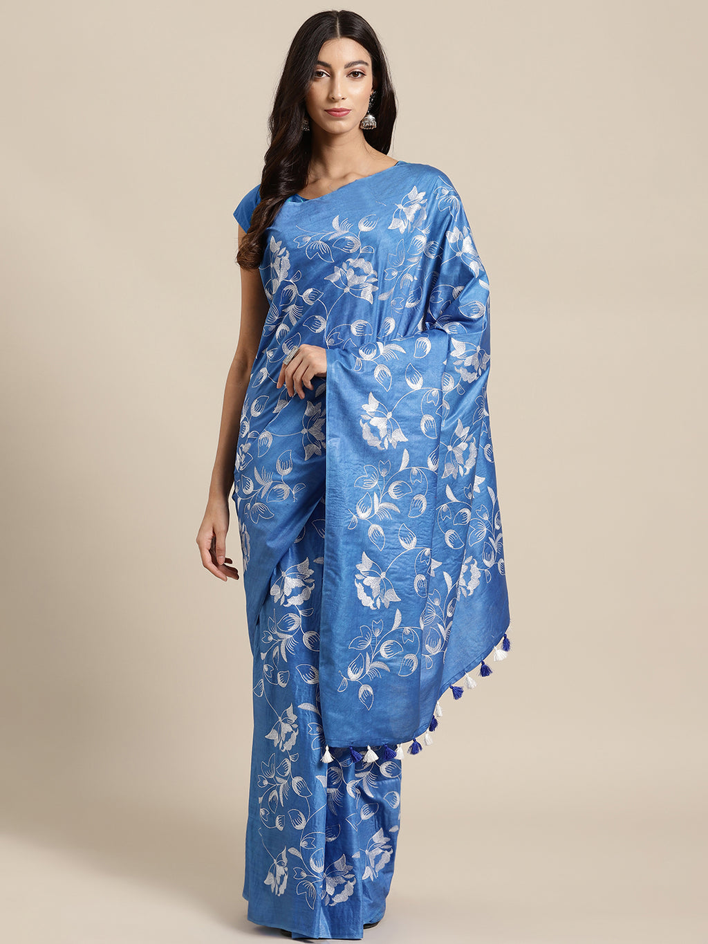 Blue and White, Kalakari India Bhagalpuri Silk Blend Woven Design Saree with Blouse ALBGSA0109-Saree-Kalakari India-ALBGSA0109-Bhagalpuri, Geographical Indication, Hand Crafted, Heritage Prints, Jute, Natural Dyes, Red, Sarees, Silk Blend, Sustainable Fabrics, Woven, Yellow-[Linen,Ethnic,wear,Fashionista,Handloom,Handicraft,Indigo,blockprint,block,print,Cotton,Chanderi,Blue, latest,classy,party,bollywood,trendy,summer,style,traditional,formal,elegant,unique,style,hand,block,print, dabu,booti,gif
