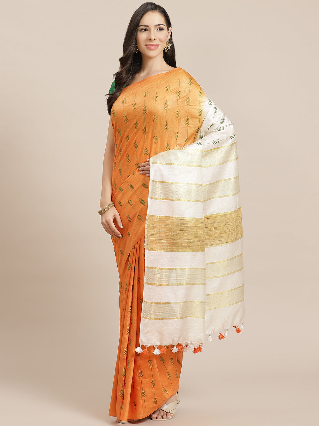 Off White and Gold, Kalakari India Bhagalpuri Silk Blend Woven Design Saree with Blouse ALBGSA0110-Saree-Kalakari India-ALBGSA0110-Bhagalpuri, Geographical Indication, Hand Crafted, Heritage Prints, Jute, Natural Dyes, Red, Sarees, Silk Blend, Sustainable Fabrics, Woven, Yellow-[Linen,Ethnic,wear,Fashionista,Handloom,Handicraft,Indigo,blockprint,block,print,Cotton,Chanderi,Blue, latest,classy,party,bollywood,trendy,summer,style,traditional,formal,elegant,unique,style,hand,block,print, dabu,booti