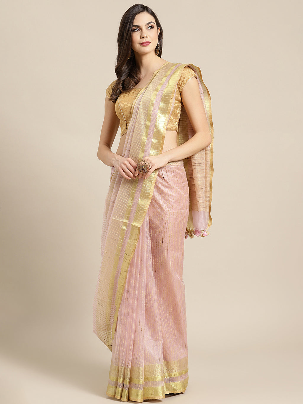 Pink and Gold, Kalakari India Bhagalpuri Jute Silk Woven Design Saree with Blouse ALBGSA0111-Saree-Kalakari India-ALBGSA0111-Bhagalpuri, Geographical Indication, Hand Crafted, Heritage Prints, Jute, Natural Dyes, Red, Sarees, Silk Blend, Sustainable Fabrics, Woven, Yellow-[Linen,Ethnic,wear,Fashionista,Handloom,Handicraft,Indigo,blockprint,block,print,Cotton,Chanderi,Blue, latest,classy,party,bollywood,trendy,summer,style,traditional,formal,elegant,unique,style,hand,block,print, dabu,booti,gift,
