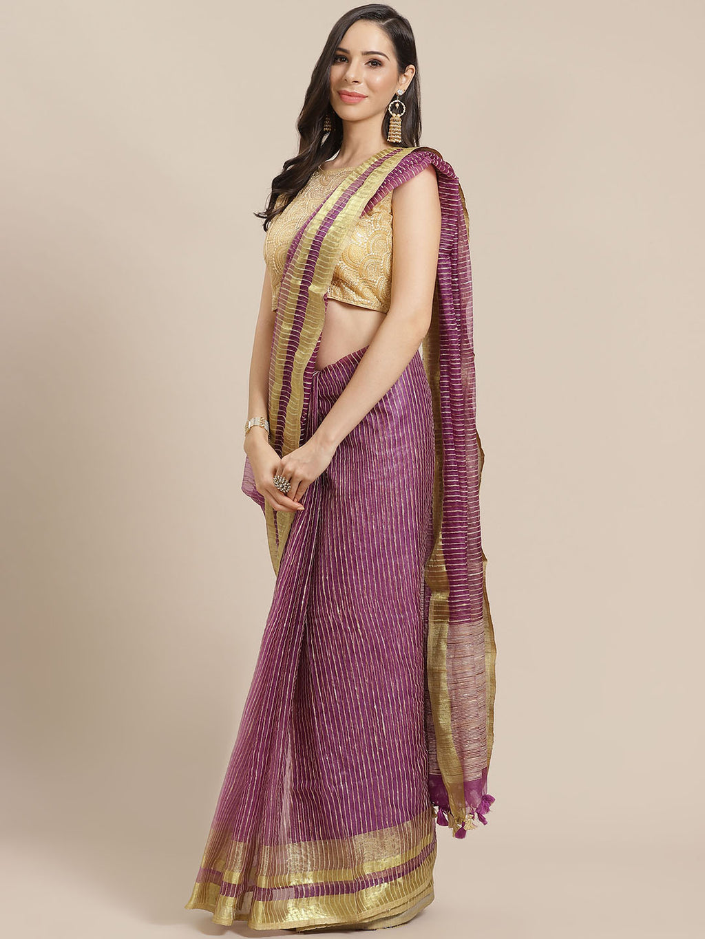 Purple and Gold, Kalakari India Bhagalpuri Jute Silk Woven Design Saree with Blouse ALBGSA0112-Saree-Kalakari India-ALBGSA0112-Bhagalpuri, Geographical Indication, Hand Crafted, Heritage Prints, Jute, Natural Dyes, Red, Sarees, Silk Blend, Sustainable Fabrics, Woven, Yellow-[Linen,Ethnic,wear,Fashionista,Handloom,Handicraft,Indigo,blockprint,block,print,Cotton,Chanderi,Blue, latest,classy,party,bollywood,trendy,summer,style,traditional,formal,elegant,unique,style,hand,block,print, dabu,booti,gif