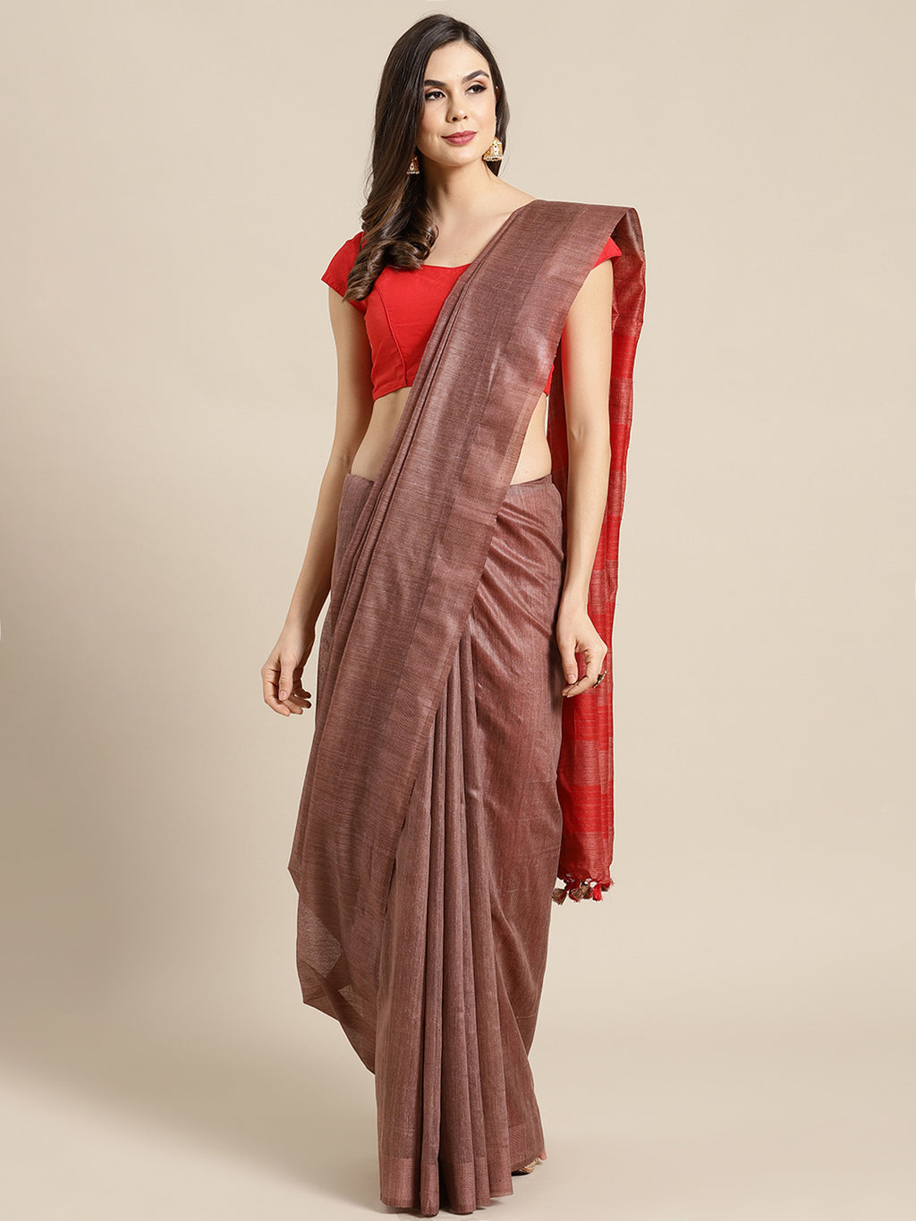 Brown and Red, Kalakari India Bhagalpuri Silk Blend Woven Design Saree with Blouse ALBGSA0113-Saree-Kalakari India-ALBGSA0113-Bhagalpuri, Geographical Indication, Hand Crafted, Heritage Prints, Jute, Natural Dyes, Red, Sarees, Silk Blend, Sustainable Fabrics, Woven, Yellow-[Linen,Ethnic,wear,Fashionista,Handloom,Handicraft,Indigo,blockprint,block,print,Cotton,Chanderi,Blue, latest,classy,party,bollywood,trendy,summer,style,traditional,formal,elegant,unique,style,hand,block,print, dabu,booti,gift