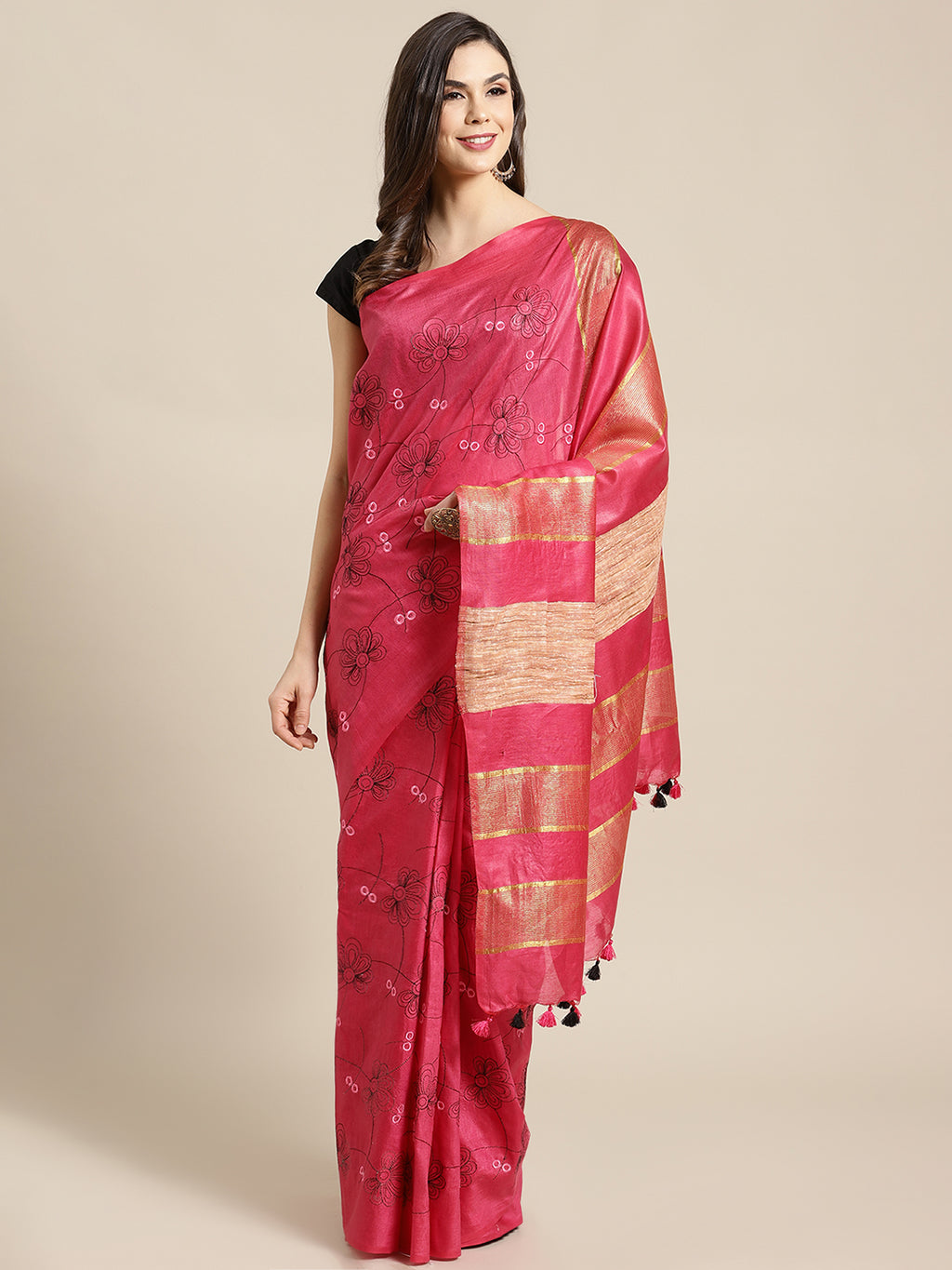 Pink and Gold, Kalakari India Bhagalpuri Silk Blend Woven Design Saree with Blouse ALBGSA0118-Saree-Kalakari India-ALBGSA0118-Bhagalpuri, Geographical Indication, Hand Crafted, Heritage Prints, Jute, Natural Dyes, Red, Sarees, Silk Blend, Sustainable Fabrics, Woven, Yellow-[Linen,Ethnic,wear,Fashionista,Handloom,Handicraft,Indigo,blockprint,block,print,Cotton,Chanderi,Blue, latest,classy,party,bollywood,trendy,summer,style,traditional,formal,elegant,unique,style,hand,block,print, dabu,booti,gift