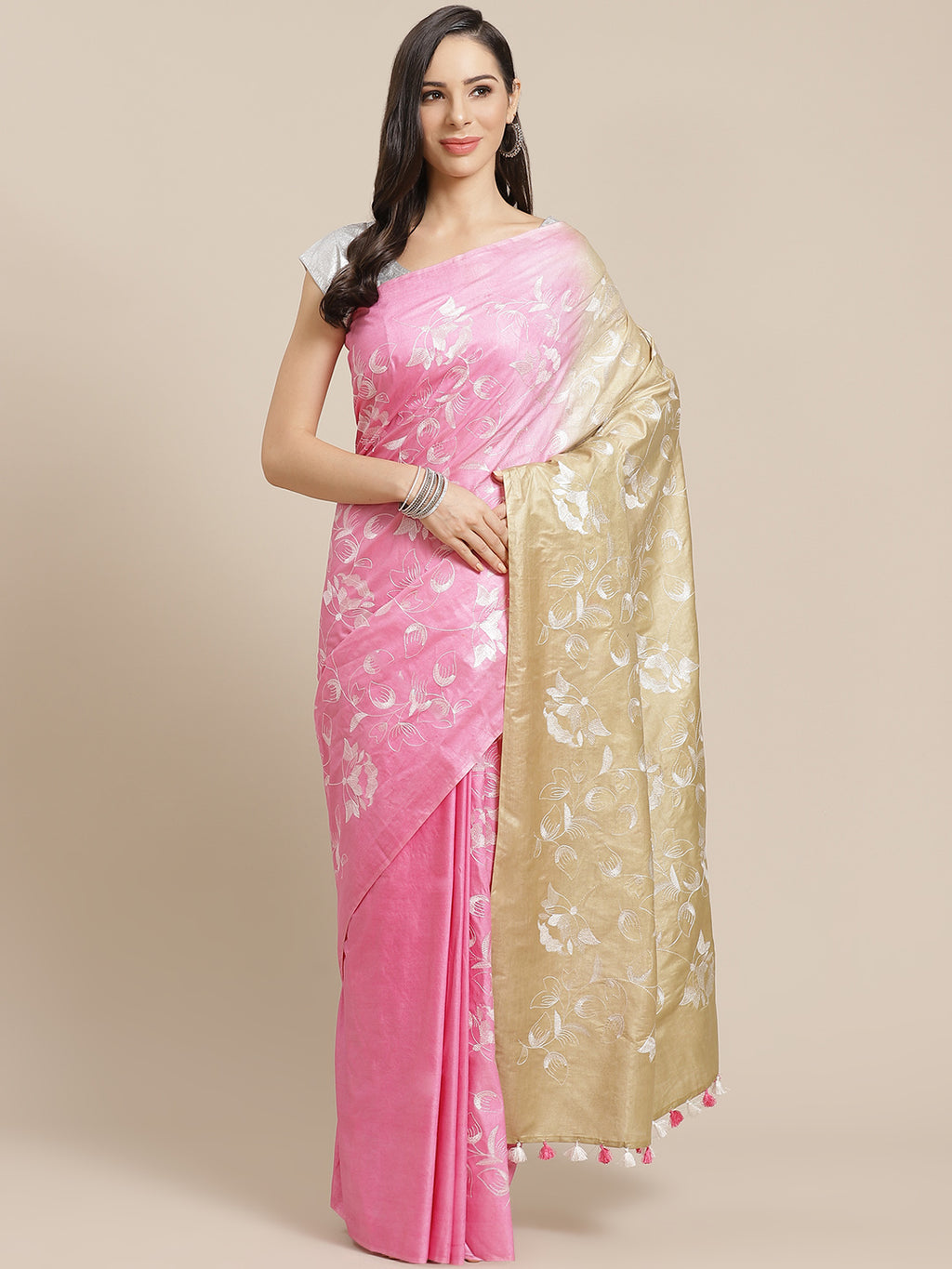 Pink and Cream, Kalakari India Bhagalpuri Silk Blend Woven Design Saree with Blouse ALBGSA0124-Saree-Kalakari India-ALBGSA0124-Bhagalpuri, Geographical Indication, Hand Crafted, Heritage Prints, Jute, Natural Dyes, Red, Sarees, Silk Blend, Sustainable Fabrics, Woven, Yellow-[Linen,Ethnic,wear,Fashionista,Handloom,Handicraft,Indigo,blockprint,block,print,Cotton,Chanderi,Blue, latest,classy,party,bollywood,trendy,summer,style,traditional,formal,elegant,unique,style,hand,block,print, dabu,booti,gif