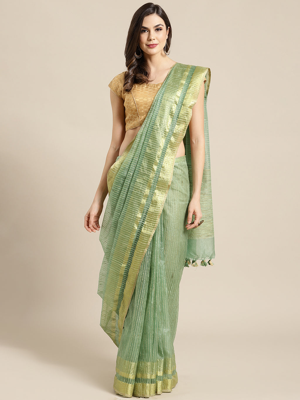 Green and Cream, Kalakari India Bhagalpuri Jute Silk Woven Design Saree with Blouse ALBGSA0131-Saree-Kalakari India-ALBGSA0131-Bhagalpuri, Geographical Indication, Hand Crafted, Heritage Prints, Jute, Natural Dyes, Red, Sarees, Silk Blend, Sustainable Fabrics, Woven, Yellow-[Linen,Ethnic,wear,Fashionista,Handloom,Handicraft,Indigo,blockprint,block,print,Cotton,Chanderi,Blue, latest,classy,party,bollywood,trendy,summer,style,traditional,formal,elegant,unique,style,hand,block,print, dabu,booti,gif