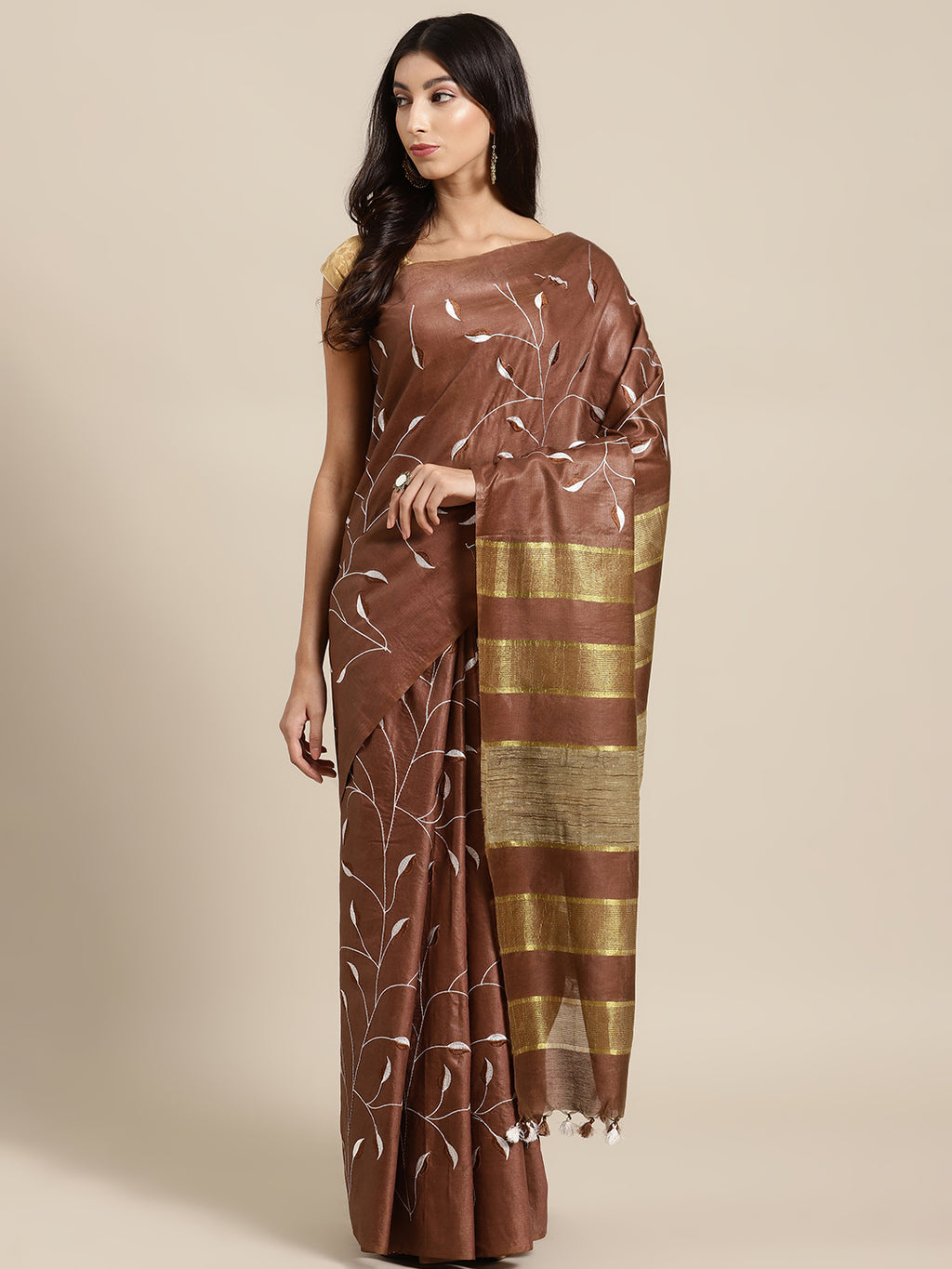 Brown and Gold, Kalakari India Bhagalpuri Silk Blend Woven Design Saree with Blouse ALBGSA0132-Saree-Kalakari India-ALBGSA0132-Bhagalpuri, Geographical Indication, Hand Crafted, Heritage Prints, Jute, Natural Dyes, Red, Sarees, Silk Blend, Sustainable Fabrics, Woven, Yellow-[Linen,Ethnic,wear,Fashionista,Handloom,Handicraft,Indigo,blockprint,block,print,Cotton,Chanderi,Blue, latest,classy,party,bollywood,trendy,summer,style,traditional,formal,elegant,unique,style,hand,block,print, dabu,booti,gif