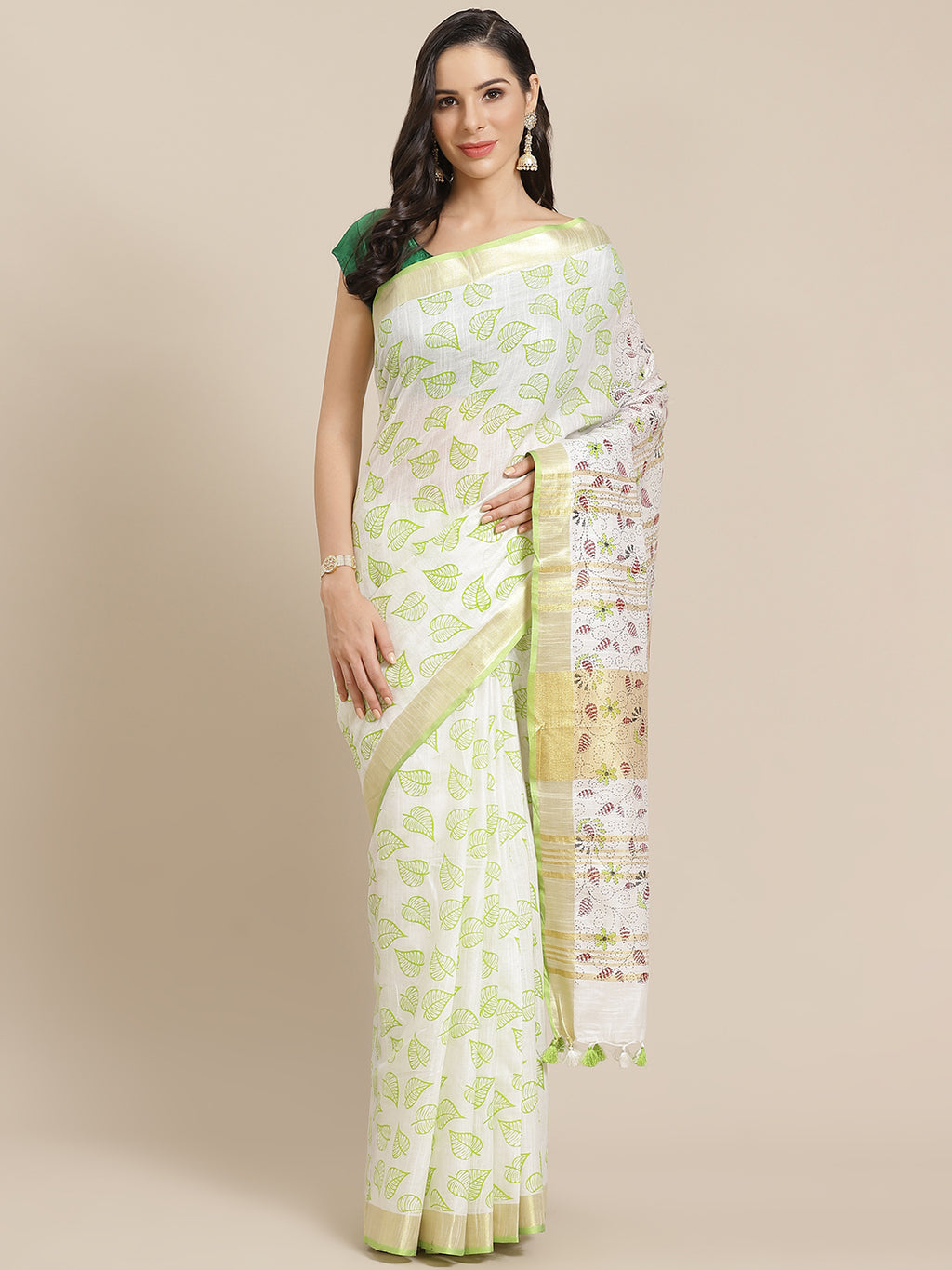 Off White and Cream, Kalakari India Bhagalpuri Linen Blend Woven Design Saree with Blouse ALBGSA0133-Saree-Kalakari India-ALBGSA0133-Cotton, Geographical Indication, Hand Crafted, Heritage Prints, Linen, Natural Dyes, Red, Sarees, Shibori, Sustainable Fabrics, Woven, Yellow-[Linen,Ethnic,wear,Fashionista,Handloom,Handicraft,Indigo,blockprint,block,print,Cotton,Chanderi,Blue, latest,classy,party,bollywood,trendy,summer,style,traditional,formal,elegant,unique,style,hand,block,print, dabu,booti,gif