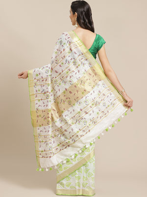 Off White and Cream, Kalakari India Bhagalpuri Linen Blend Woven Design Saree with Blouse ALBGSA0133-Saree-Kalakari India-ALBGSA0133-Cotton, Geographical Indication, Hand Crafted, Heritage Prints, Linen, Natural Dyes, Red, Sarees, Shibori, Sustainable Fabrics, Woven, Yellow-[Linen,Ethnic,wear,Fashionista,Handloom,Handicraft,Indigo,blockprint,block,print,Cotton,Chanderi,Blue, latest,classy,party,bollywood,trendy,summer,style,traditional,formal,elegant,unique,style,hand,block,print, dabu,booti,gif
