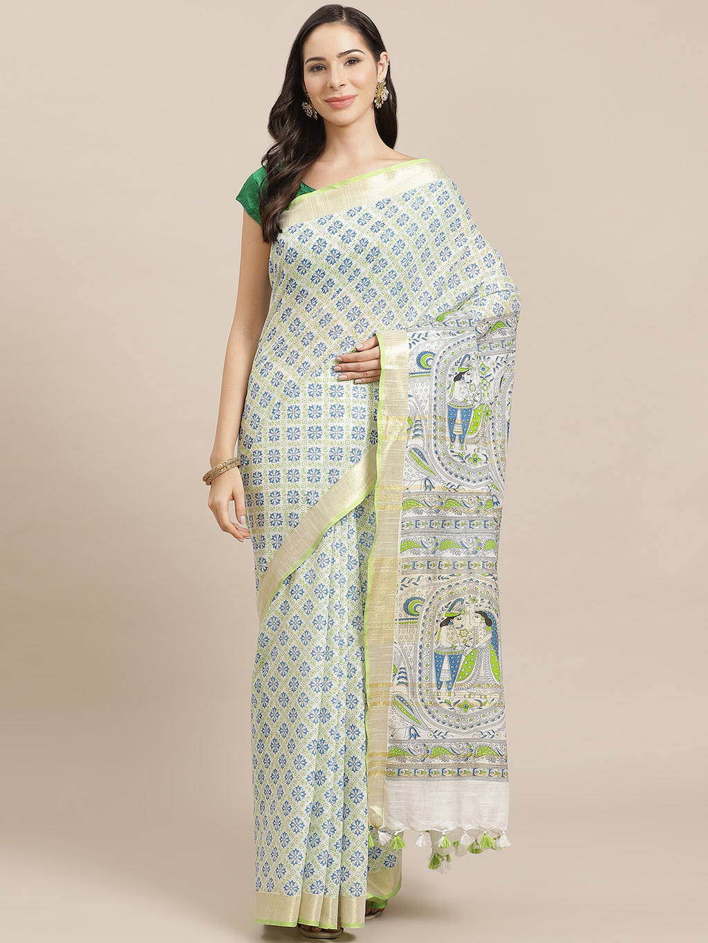 Off White and Green, Kalakari India Bhagalpuri Linen Blend Woven Design Saree with Blouse ALBGSA0134-Saree-Kalakari India-ALBGSA0134-Cotton, Geographical Indication, Hand Crafted, Heritage Prints, Linen, Natural Dyes, Red, Sarees, Shibori, Sustainable Fabrics, Woven, Yellow-[Linen,Ethnic,wear,Fashionista,Handloom,Handicraft,Indigo,blockprint,block,print,Cotton,Chanderi,Blue, latest,classy,party,bollywood,trendy,summer,style,traditional,formal,elegant,unique,style,hand,block,print, dabu,booti,gif