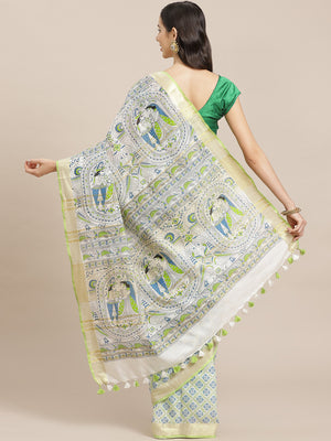 Off White and Green, Kalakari India Bhagalpuri Linen Blend Woven Design Saree with Blouse ALBGSA0134-Saree-Kalakari India-ALBGSA0134-Cotton, Geographical Indication, Hand Crafted, Heritage Prints, Linen, Natural Dyes, Red, Sarees, Shibori, Sustainable Fabrics, Woven, Yellow-[Linen,Ethnic,wear,Fashionista,Handloom,Handicraft,Indigo,blockprint,block,print,Cotton,Chanderi,Blue, latest,classy,party,bollywood,trendy,summer,style,traditional,formal,elegant,unique,style,hand,block,print, dabu,booti,gif